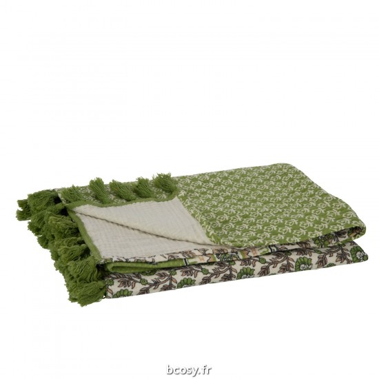 J-Line J Line Jolipa Plaid Tapis De Plage Fleurs Coton Vert.