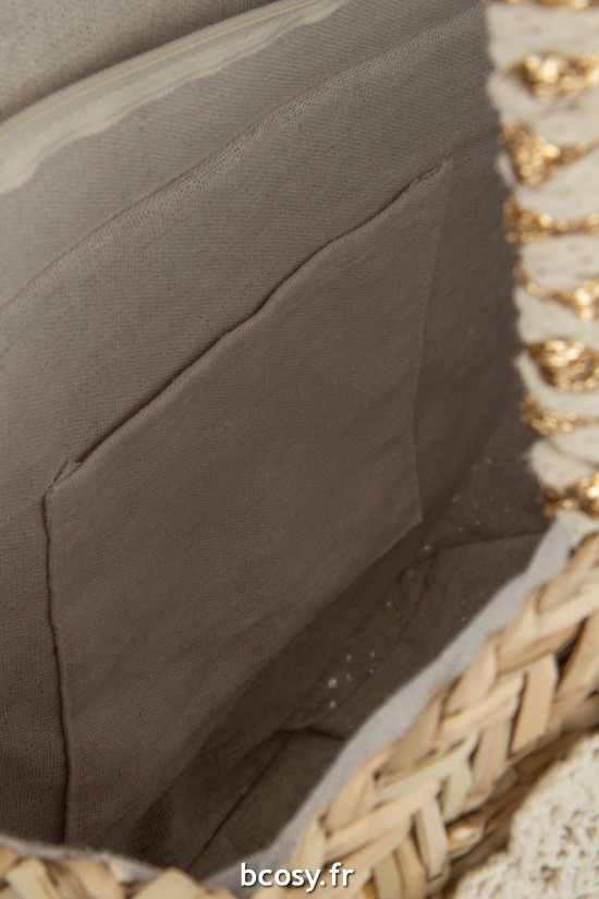 Jolipa Sac De Plage Rond Floche Perle En Bois Jonc De Mer Lacet Nat Bla C.