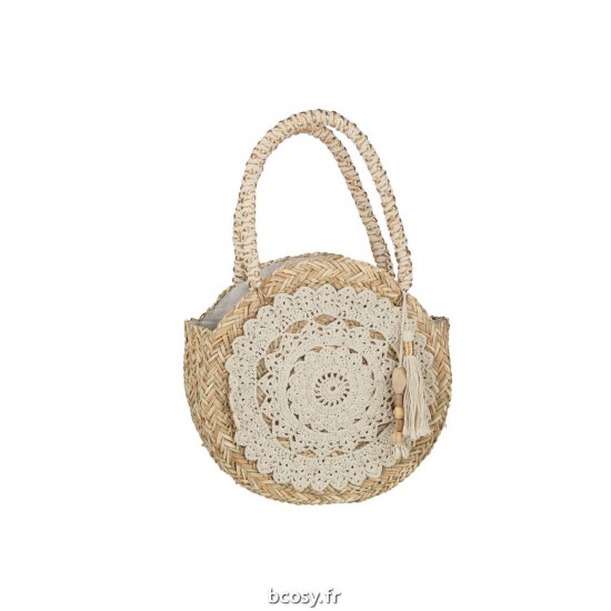 J Line Sac De Plage Rond Floche Perle En Bois Jonc De Mer Lacet Nat Bla?C JLine 41762 by Jolipa 41762.