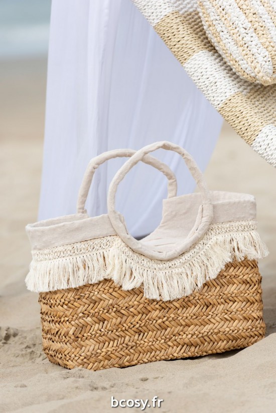 Jolipa Sac De Plage Franges Tresses Jonc De Mer Nat Creme.