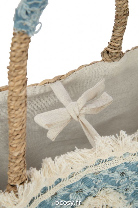 J-Line J Line sac fourre tout sacs fourre tout Jolipa Sac De Plage Fleurs Franges Denim Jonc De Mer Nat Bleu.