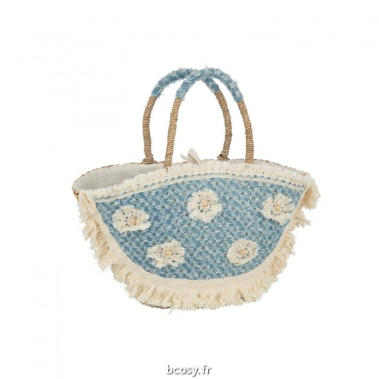 J Line Sac De Plage Fleurs Franges Denim Jonc De Mer Nat Bleu JLine 41771 by Jolipa 41771.