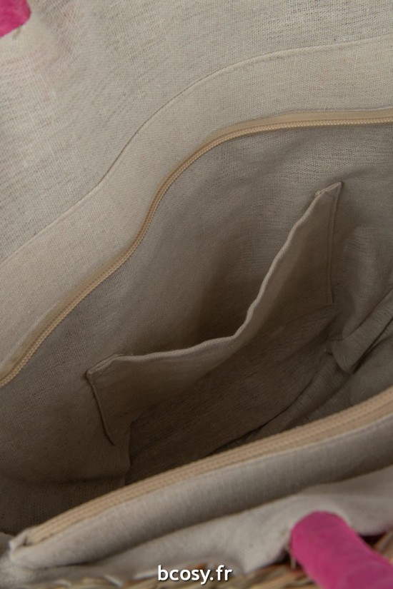 Jolipa Sac De Plage Rond Fleur Jonc De Mer Nat Fuchsia.