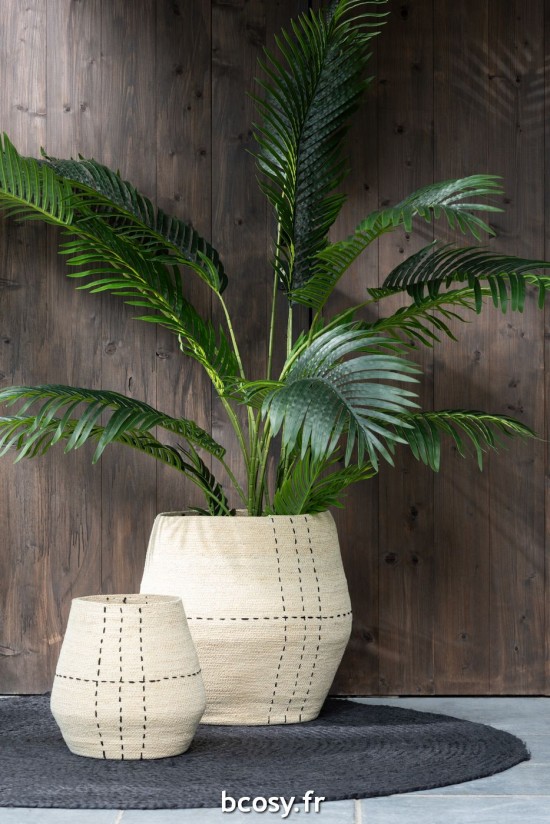 J-Line J Line paniers de rangement Set 2 Paniers Pointilles Lignes Jonc De Mer Naturel Noir.