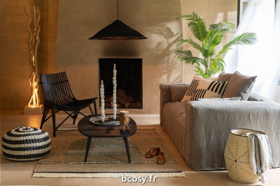 Jolipa Set 3 Paniers Etoile Pointilles Lignes Jonc De Mer Naturel Noir.