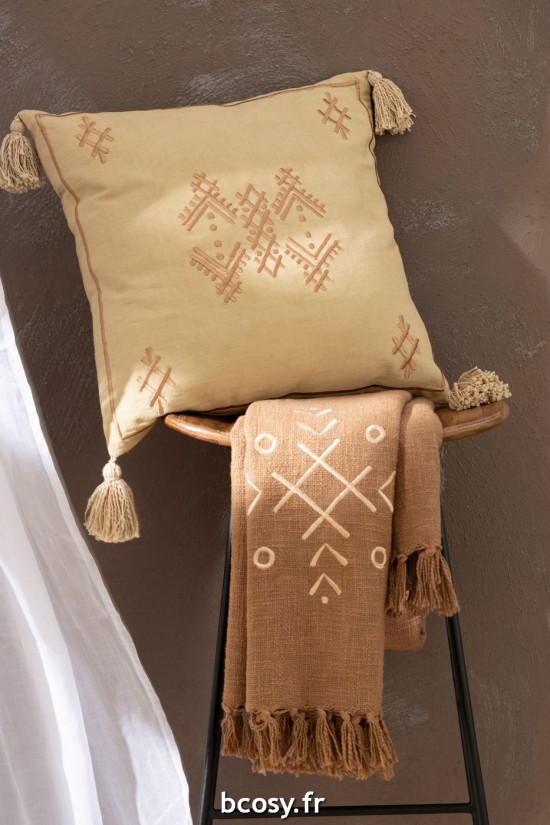 J-Line J Line Plaid Motifs Ethniques Franges Coton Marron.