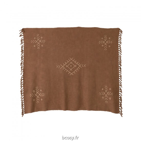 Jolipa Plaid Motifs Ethniques Franges Coton Marron.