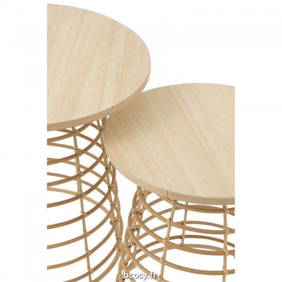 J-Line J Line tables d appoint bouts de canapé Jolipa Set De 2 Tables Basses Rond Pied Circulaire Bois Naturel.