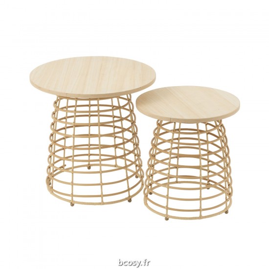 J Line Set De 2 Tables Basses Rond Pied Circulaire Bois Naturel JLine 41975 by Jolipa 41975.