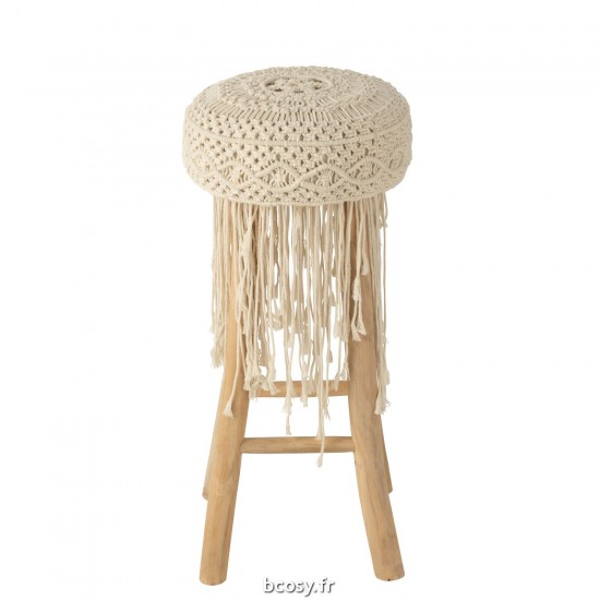 Jolipa Tabouret Franges Bois Macrame Blanc.