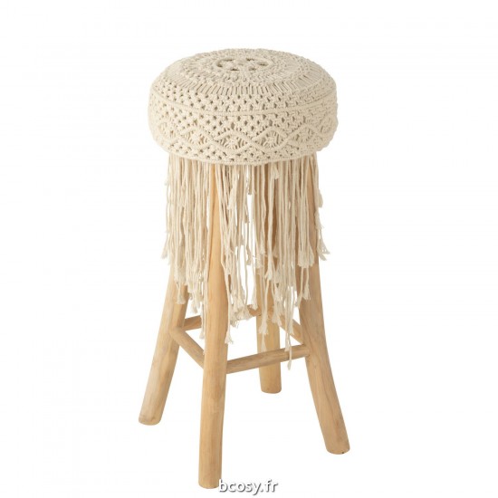 J Line Tabouret Franges Bois Macrame Blanc JLine 42301 by Jolipa 42301.