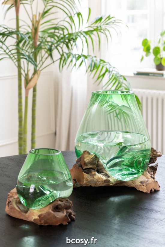 Jolipa Vase Sur Pied Gamal Bois Verre Recyclé Naturel Vert Medium.