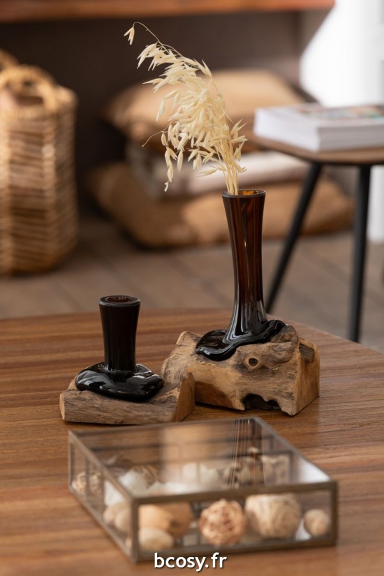 Jolipa Vase Haut Sur Pied Gamal Bois Verre Recyclé Naturel Brun Small.