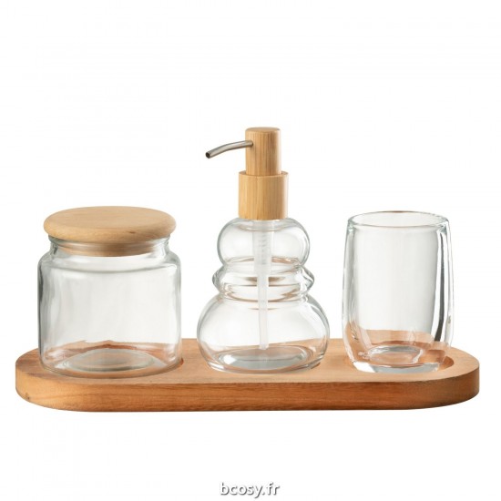 J-Line J Line bocaux avec ustensiles de cuisine Jolipa Set 4 Accessoires Salle De Bain Verre Bois Transparent.