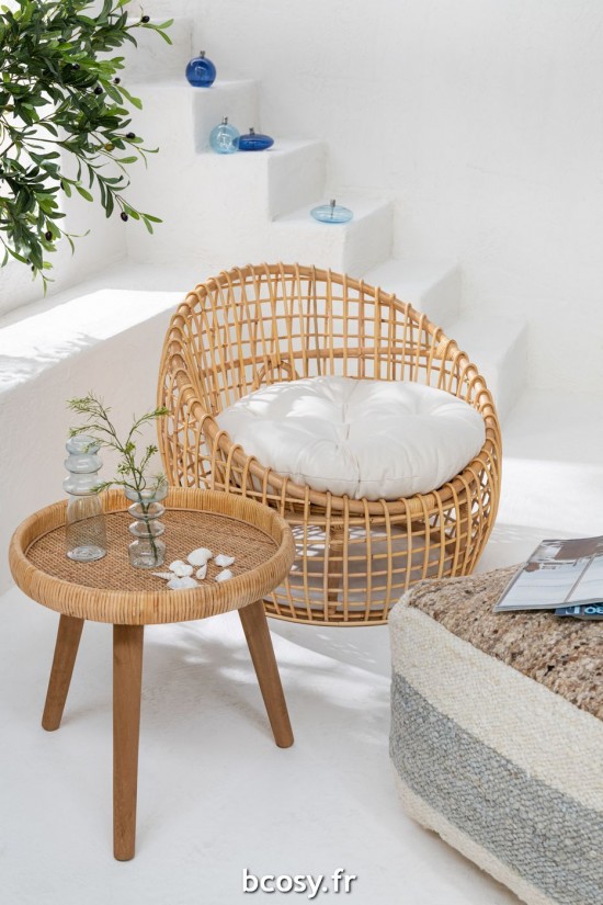 J-Line Silla Lise+Colchoneta 1 Persona Rattan/Textil Natural/Blanco .