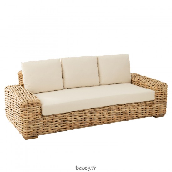 J Line Sofa Coussin 3 Personnes Rotin Textile Naturel Blanc JLine 43780 by Jolipa 43780.