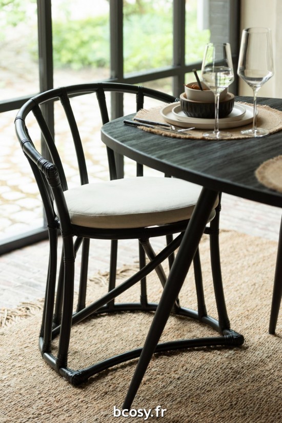 J-Line Silla+Colchoneta Rattan/Textil Neg/Blanco .