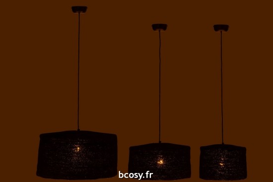 Jolipa Set De 3 Lampes Suspendues Moonj Jonc Noir.