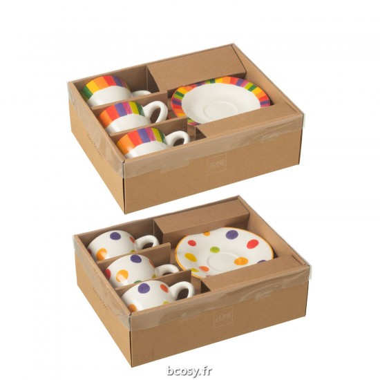 J-Line J Line tasses de cafe avec sous tasses soucoupes Jolipa Boite 3 Tasse Sous Tasse Polka Pois Ligne Porcelaine Mix Assor.