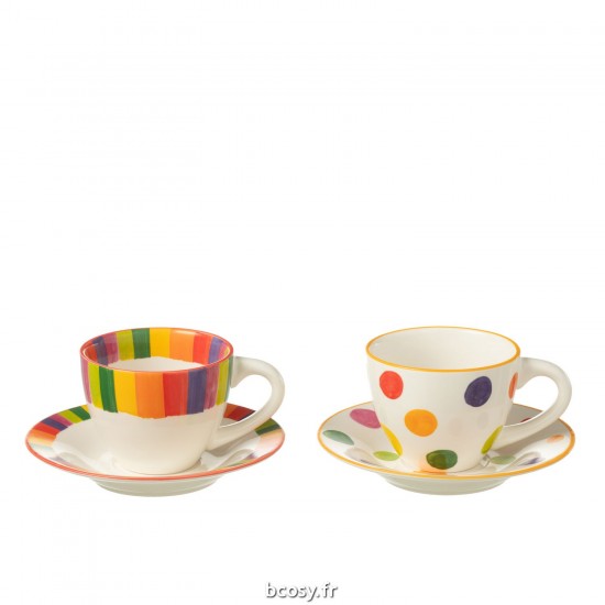 J Line Boite 3 Tasse Sous Tasse Polka Pois Ligne Porcelaine Mix JLine 44021 by Jolipa 44021 Assortiment de 2 pcs.