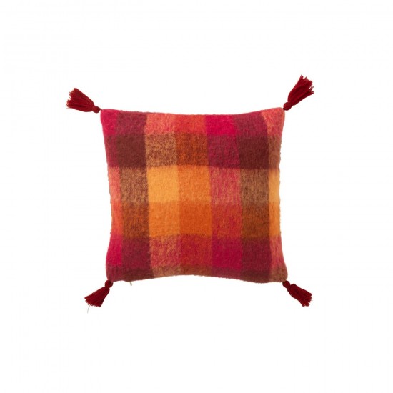 J-Line J Line coussins Jolipa Coussin Carreaux Floches Acrylique Orange Bordeaux.