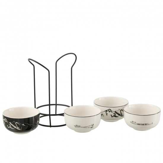 J-Line J Line bols Jolipa Boite 4 Bols Socle Metal Boite Cadeau Ceramique Noir Blanc.