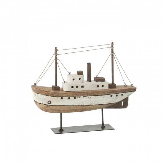 J-Line J Line objets Jolipa Bateau Sur Pied Bois De Paulownia Naturel Blanc Large.