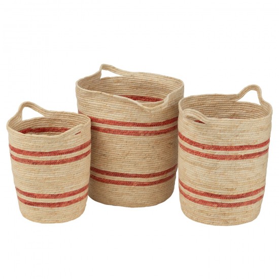 J-Line J Line paniers de rangement Jolipa Set De 3 Panier Lignes Anse Maïs Naturel Rouge.