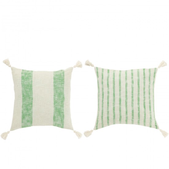 J-Line J Line coussins Jolipa Coussin Carré Lignes Floches Coton Blanc Vert Assortiment De 2.