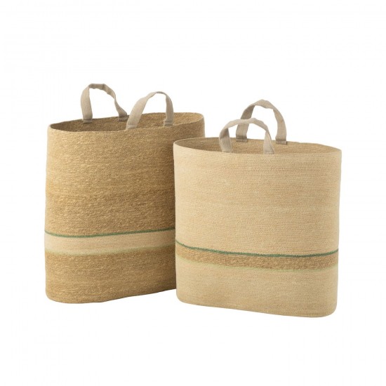 J-Line J Line paniers de rangement Jolipa Set De 2 Panier Rayures Anse Naturel Vert.