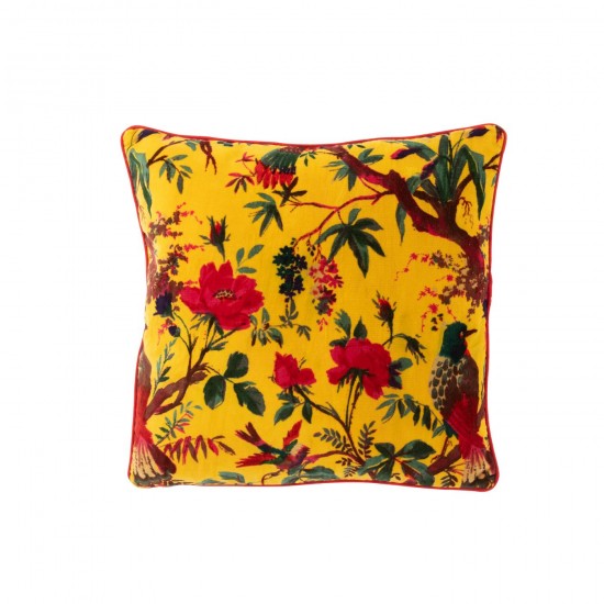 J-Line J Line coussins Jolipa Coussin Oiseaux Fleurs Velours De Coton Jaune.