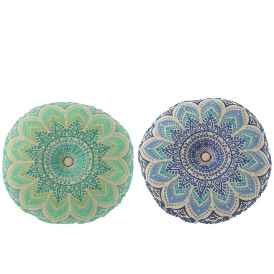 J-Line J Line poufs Jolipa Coussin De Sol Rond Fleur Coton Turquoise Bleu Assortiment De 2.