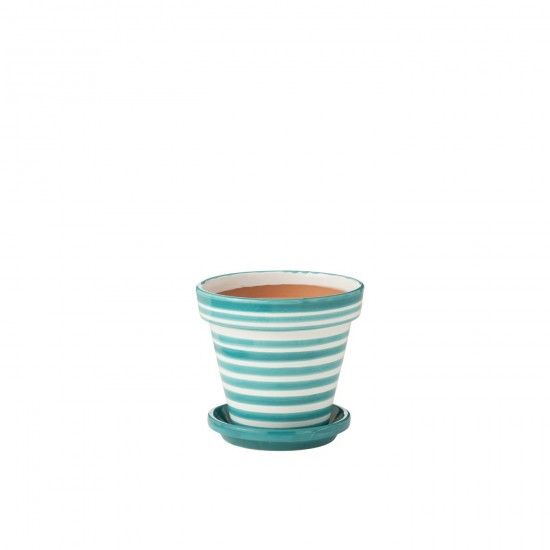 J-Line J Line cachepots de fleur Jolipa Flowerpot Plate Granada Stripes Handmade Painted Ceramic Aqua Medium.