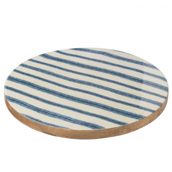 J-Line J Line série de vaisselle Jolipa Plateau Tournant Rond Rayures Bois De Manguier Bleu Blanc.