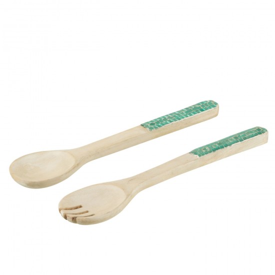 J-Line J Line couverts Jolipa Set 2 Couvert A Salade Mosaique Long Bois De Manguier Vert.