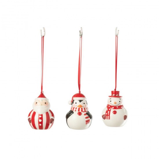 J-Line J Line pendeloques Jolipa Suspension Pingouin Bonhomme De Neige Père Noël Dolomite Rouge Noël Blanc Assortiment De 3.
