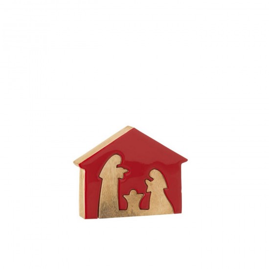 J-Line J Line crèches de Noël Jolipa Crèche Dans Maison Bois De Manguier Rouge Noël Naturel Medium.