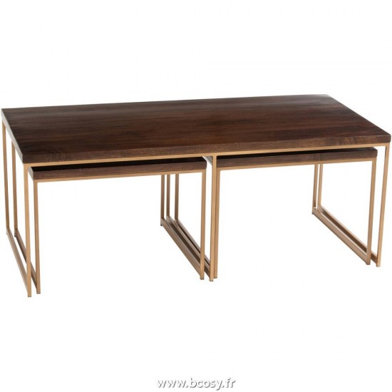 J-Line tables de salon basse Jolipa Jline Table Salon Rafi 3Parties Fer Bois De Manguier Or Brun Fonce