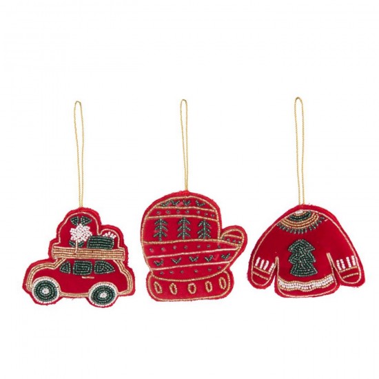 J-Line J Line pendeloques Jolipa Suspension Voiture Moufle Pull Perles Velours Rouge Noël Assortiment De 3.