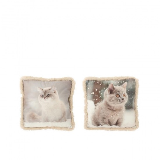 J-Line J Line coussins Jolipa Coussin Chat Polyester Grège Blanc Cassé Small Assortiment De 2.