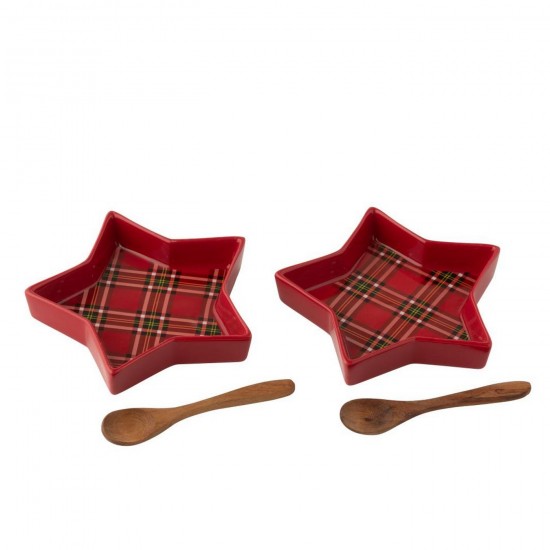 J-Line J Line plat apéritif plats apéritifs Jolipa Boite De 2 Plat Plaid Etoile Céramique Rouge.