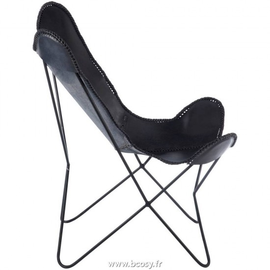 J-Line Chaise lounge en cuir et métal noir 75x87x86cm chaises papillon hardoy Jolipa Jline Chaise Lounge Cuir Metal Noir