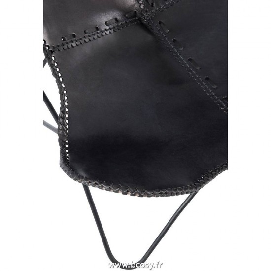 J-Line Chaise lounge en cuir et métal noir 75x87x86cm chaises papillon hardoy Chaise Lounge Cuir Metal Noir