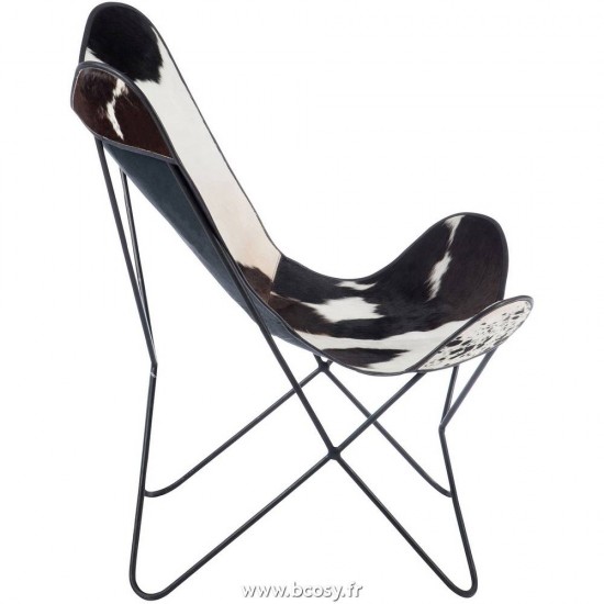J-Line Chaise lounge en peau de vache et métal blanc et noir 75x87x86cm chaises papillon hardoy Jolipa Jline Chaise Lounge Peau De Vache Metal Blanc Noir