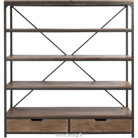 J-Line Grande étagère industrielle 2 tiroirs 3 niveaux bois et métal brut armoires etageres rayons ouvertes Jolipa Jline Etagere 2 Tiroirs Bois Metal Marron Noir