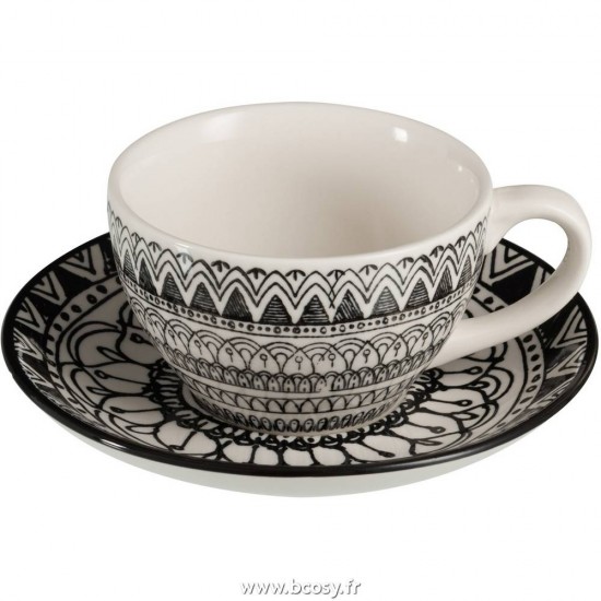 J Line Tasse A Cafe+Sous Tasse Monochrome Boho Ceramique Noir Blanc Jline 84071 by Jolipa 84071 Assortiment de 4 pcs
