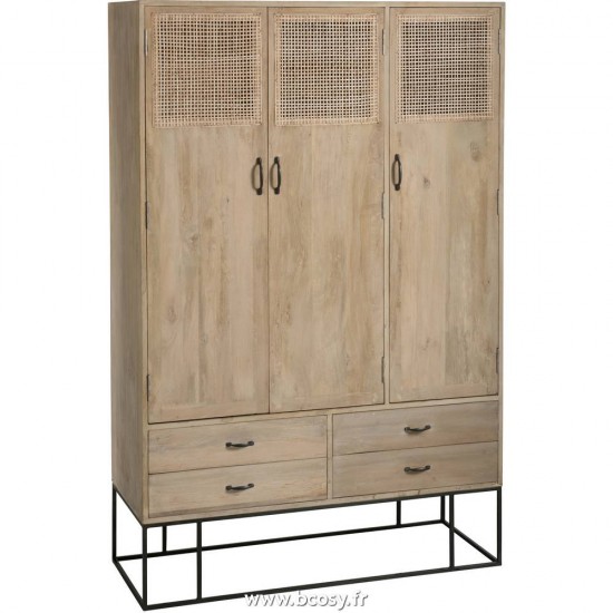 J Line Armoire 3 Portes+4 Tiroirs Rotin Tisse Bois De Manguier Naturel Jline 91013 by Jolipa 91013