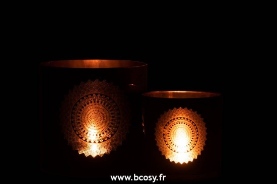 J-Line lanternes photophores Photophore Boho Verre Noir Cuivre Large