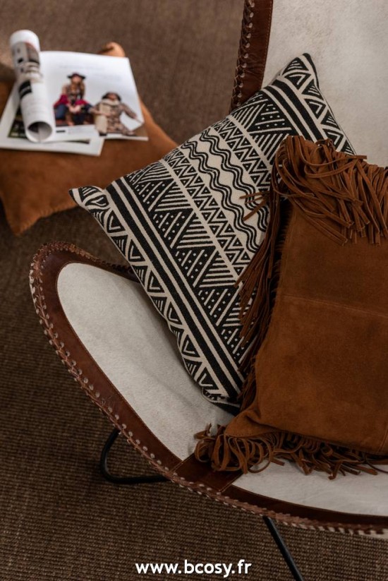 J-Line coussins Coussin Franges Carre Cuir Cognac