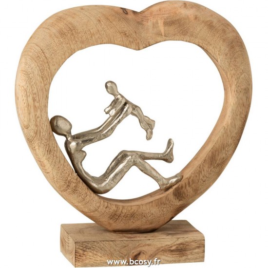 J-Line meres avec enfants statuettes Jolipa J Line Jline Personnage Parent Enfant Coeur Bois De Manguier Aluminium Naturel Argent